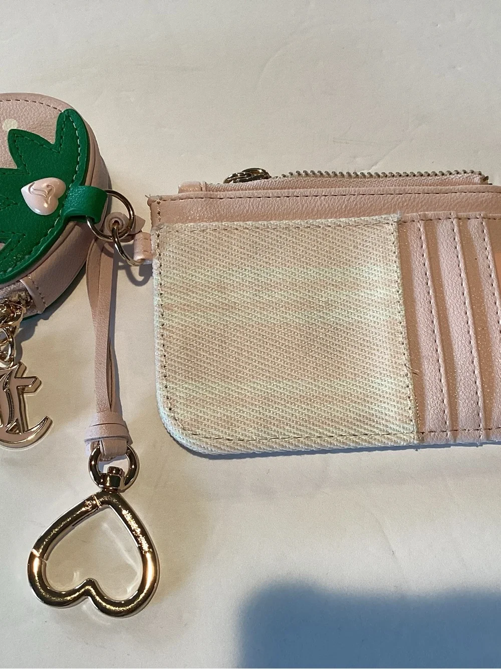 Juicy Couture Beige & Blue Logo Key Card Holder with Pink Strawberry Charm